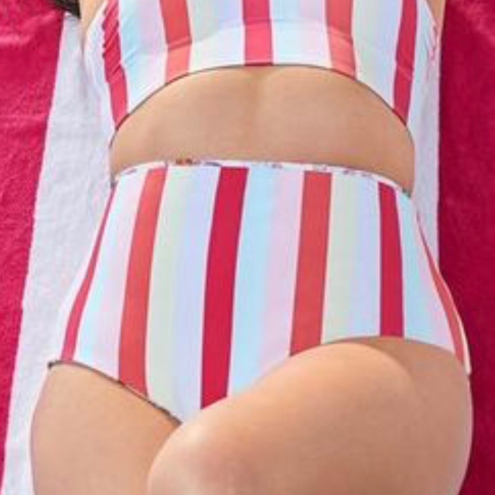 Coral Stripe & White Floral Reversible High Waist Swim Bottom